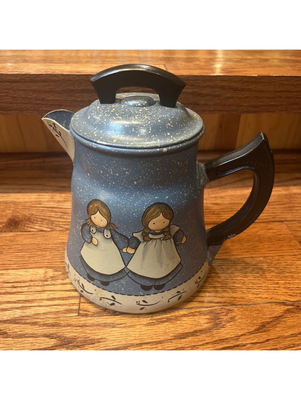 Vintage Wear-Ever Aluminum Folk Art Coffee Pot Speckled Blue Decor Hand Painted
